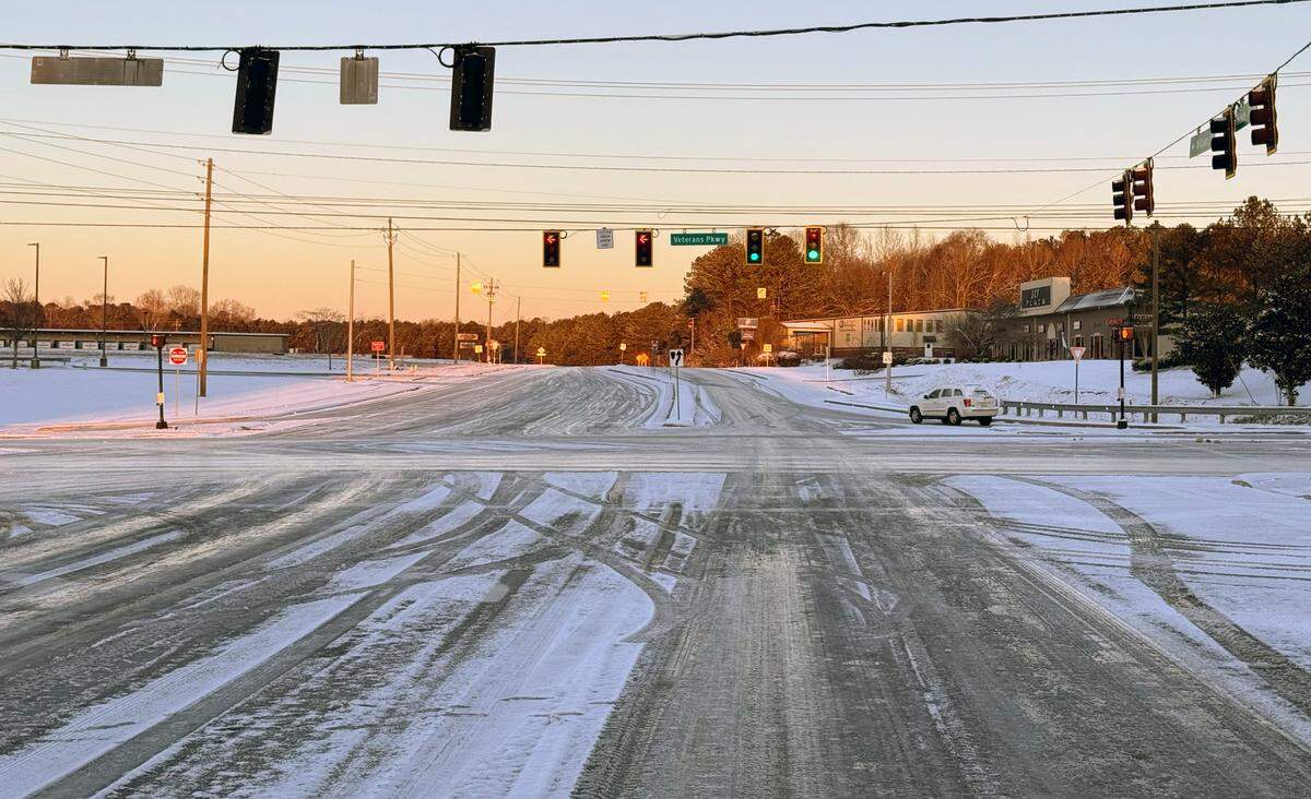 Snow and ice covers Veterans Parkway in north Columbus.