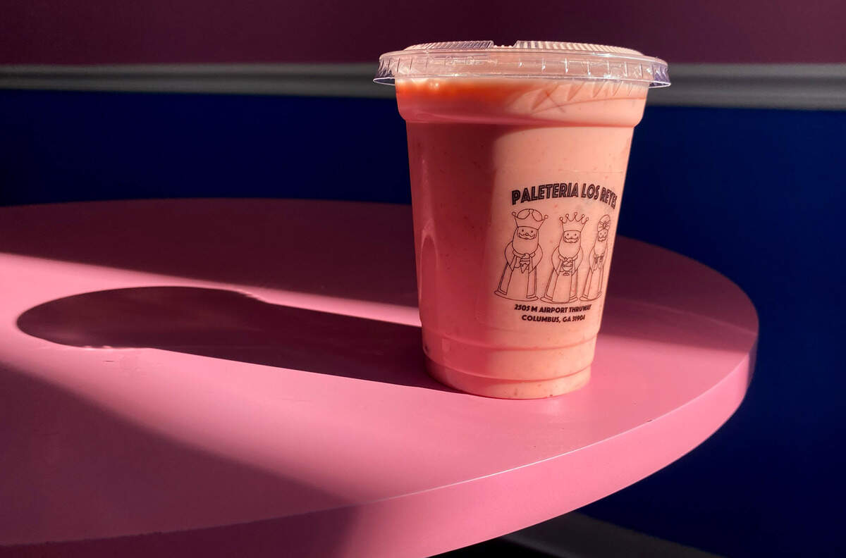 This is the Frutas(Fruit Mix) agua fresca at Paleteria Los Reyes, located at 2505 Airport Thruway, Suite M, in Columbus. The ice cream shop features a variety of items including Paletas (ice cream popsicles), Nieves (scooped ice cream), and Aguas Frescas (Natural Fruit Flavored Waters). 12/20/2023