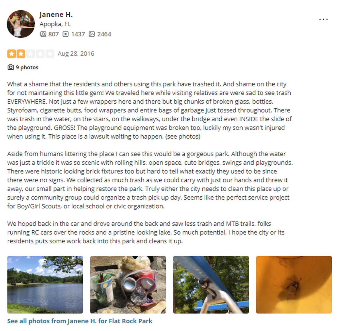 A two-star review from Janene H. showing the problem with litter and rusting playground equipment in August 2016.