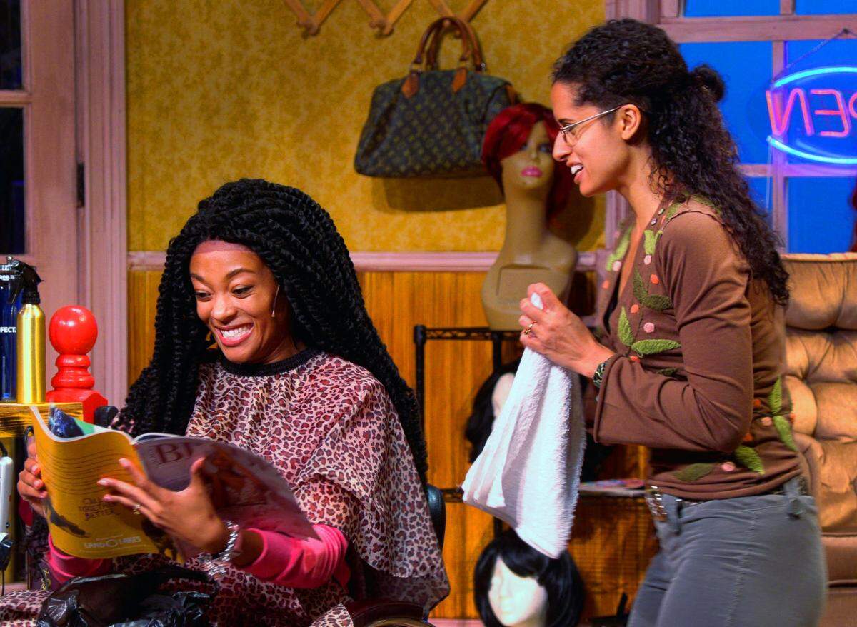 Aleigha Burt (Shelby), left, and Courtney Locke (Annelle), rehearse Wednesday night for the Springer Opera House production of “Steel Magnolias.” 04/28/2022