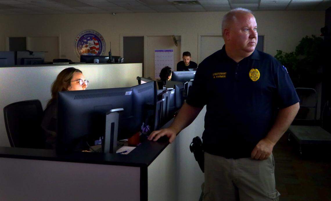 Lt. Andy Farmer, who oversees the Columbus Police Department’s Real Time Crime Center said the staff’s primary responsibility is to monitor the computer aided dispatch system. 07/02/2024