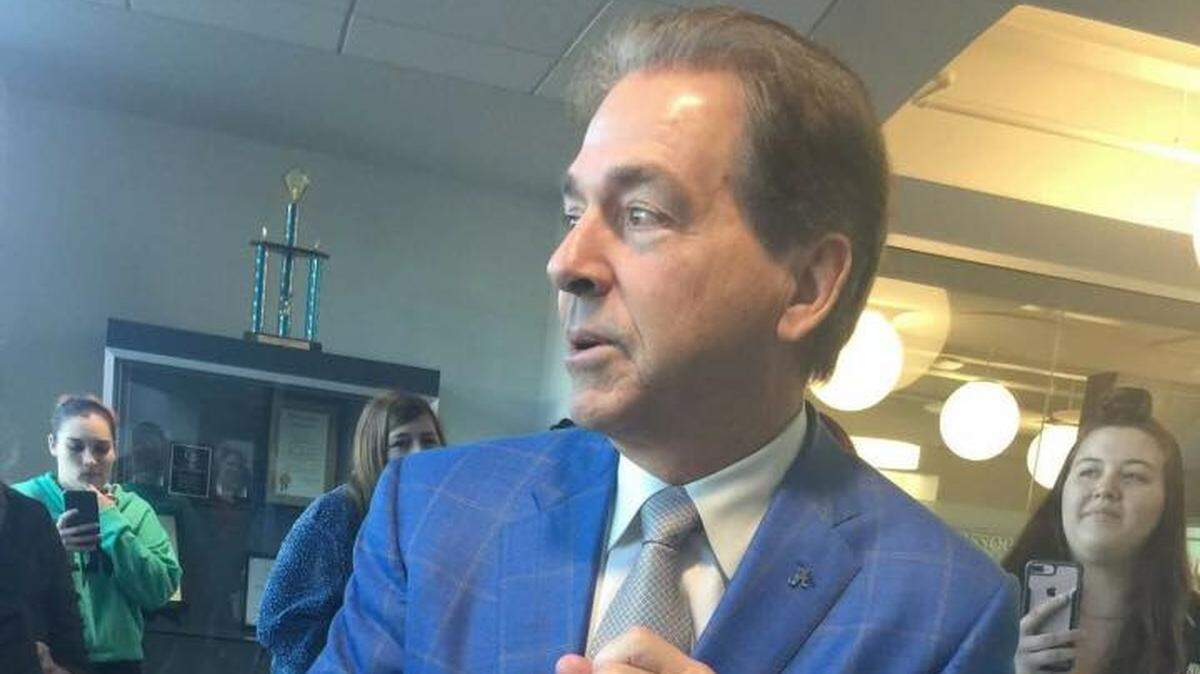 Alabama head coach Nick Saban stopped by Blue Cross Blue Shield in Midland Thursday to meet with Charay Franklin, mother of Central wide receiver Justyn Ross