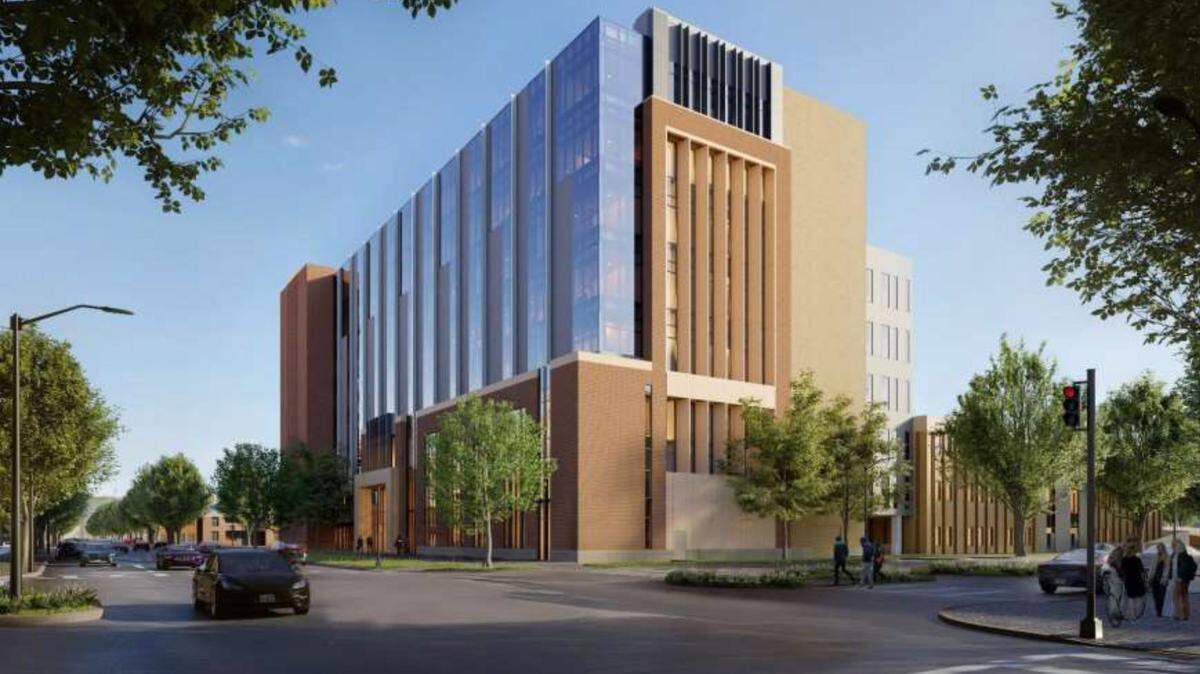 This rendering, from a design update presented to Columbus Council on Oct. 10, 2023, shows the proposed judicial center’s glass-walled upper floors allowing natural light into courtrooms on those levels.