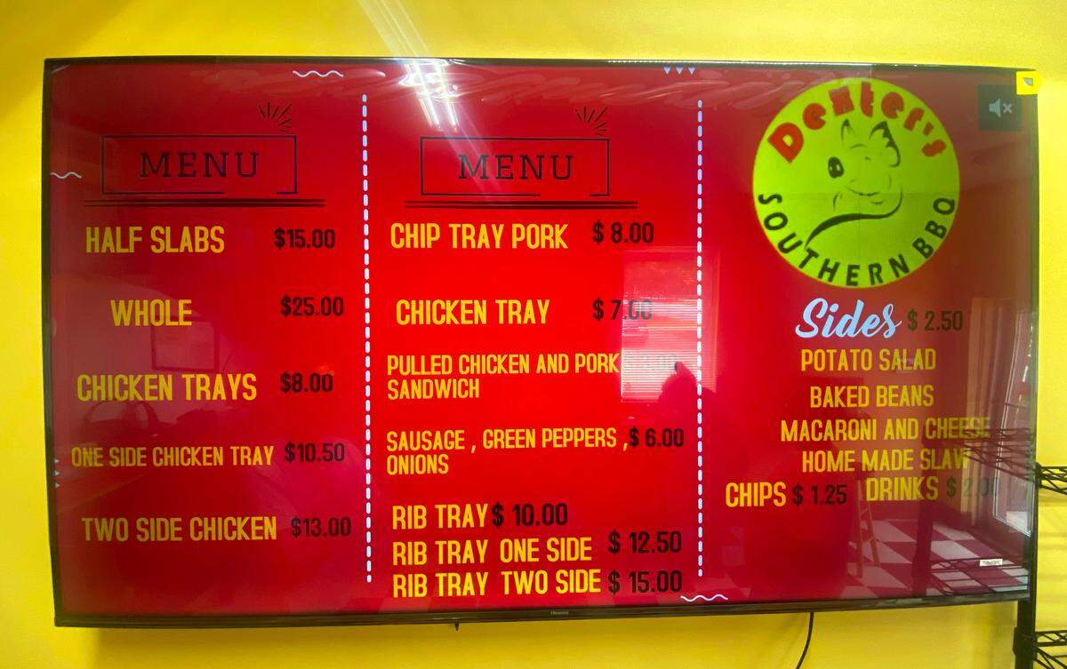 This is the current menu at Dexter’s Southern BBQ, located at 547 Veterans Parkway in Columbus, Georgia. 08/22/2024