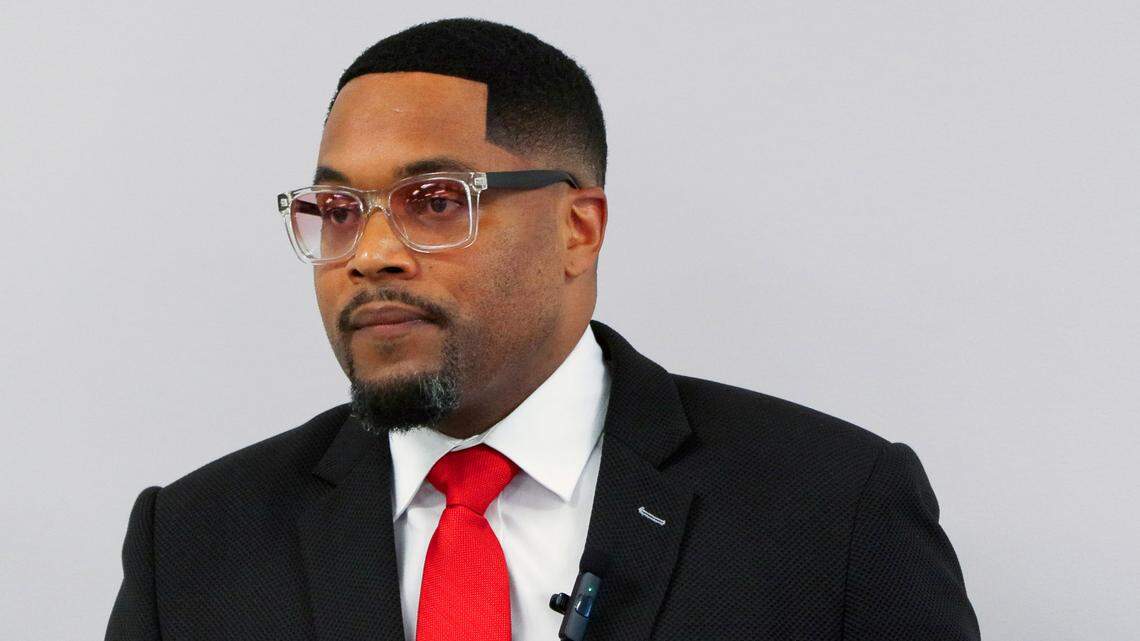 Chris Kelley announces during a Feb. 27, 2026, news conference at the City Services Center in Columbus he is withdrawing his candidacy for the Columbus Council District 7 seat.