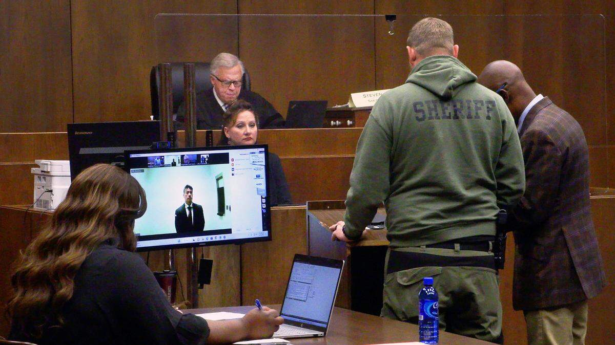 Local attorney Allen Jones, 51, appears remotely for a hearing before Municipal Court Judge Steven D. Smith Friday morning in Columbus, Georgia. 03/31/2023