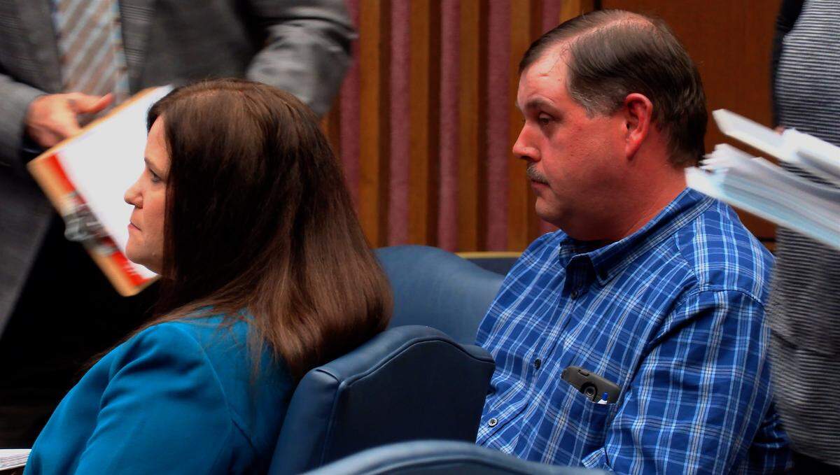Rebecca Haynie, left, and Keith “Bull” Phillips appear before Superior Court Judge Gil McBride for a hearing Jan. 7, 2019. Haynie and Phillips are charged with murder in the 2004 homicide of Haynie’s then-husband Kirby Smith inside Kirby’s Speed Shop, 1438 Jacqueline Drive, in Columbus.