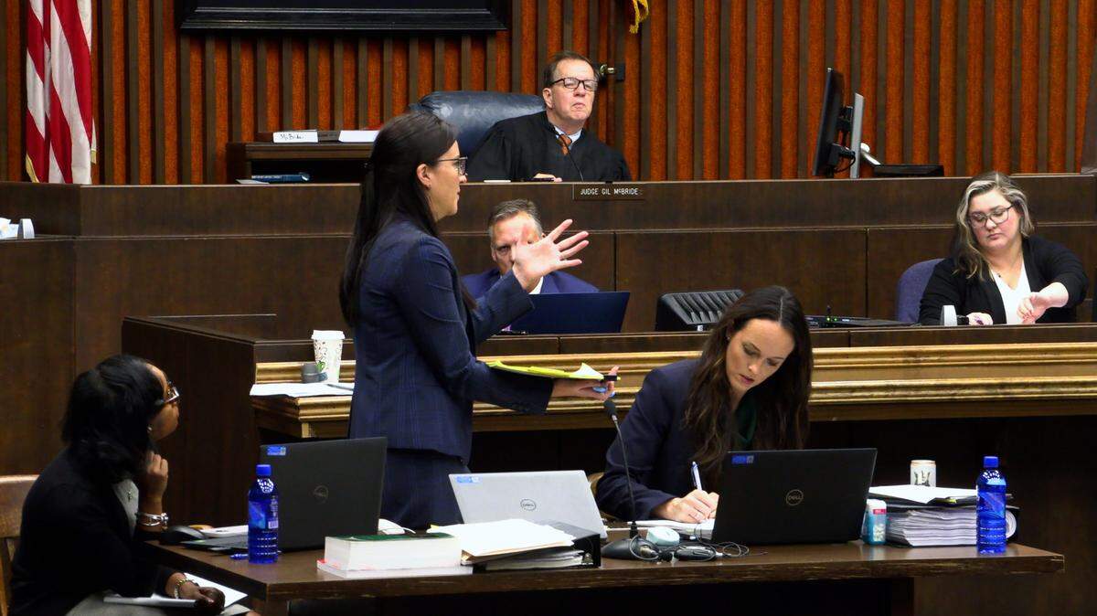 Prosecutor Cara Convery, standing center, is one of the special prosecutors for the Georgia Attorney General’s Office handling the prosecution of the case before Superior Court Judge Gil McBride. 10/31/2023