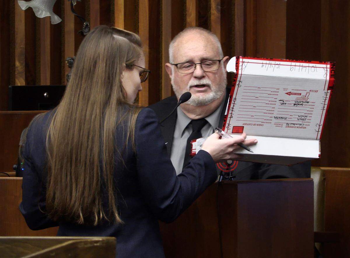 Assistant District Attorney Meghan Bowden questions retired Columbus Police officer Randall Alston Wednesday at the trial of Anthony Maurice Gates in Columbus, Georgia. 01/04/2023