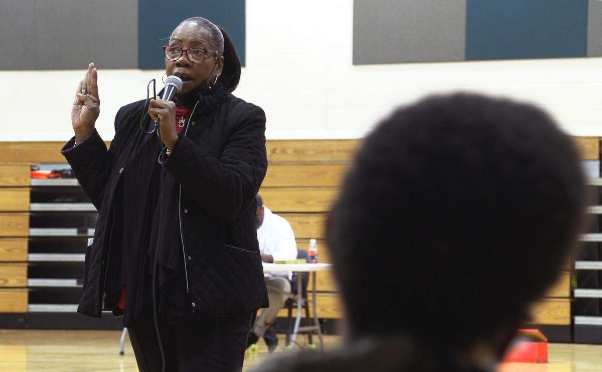 Rasheeda Ali, the founder of “Grannies on Guard,” speaks to a grroup of young people recently at the Frank Chester Recreation Center in Columbus, Georgia. Ali’s 14-year-old grandson Jaleel Ali was gunned down Oct. 24, 2021 in the Benning Hills neighborhood in Columbus, Georgia. After her grandson’s death, she formed the grassroots group.