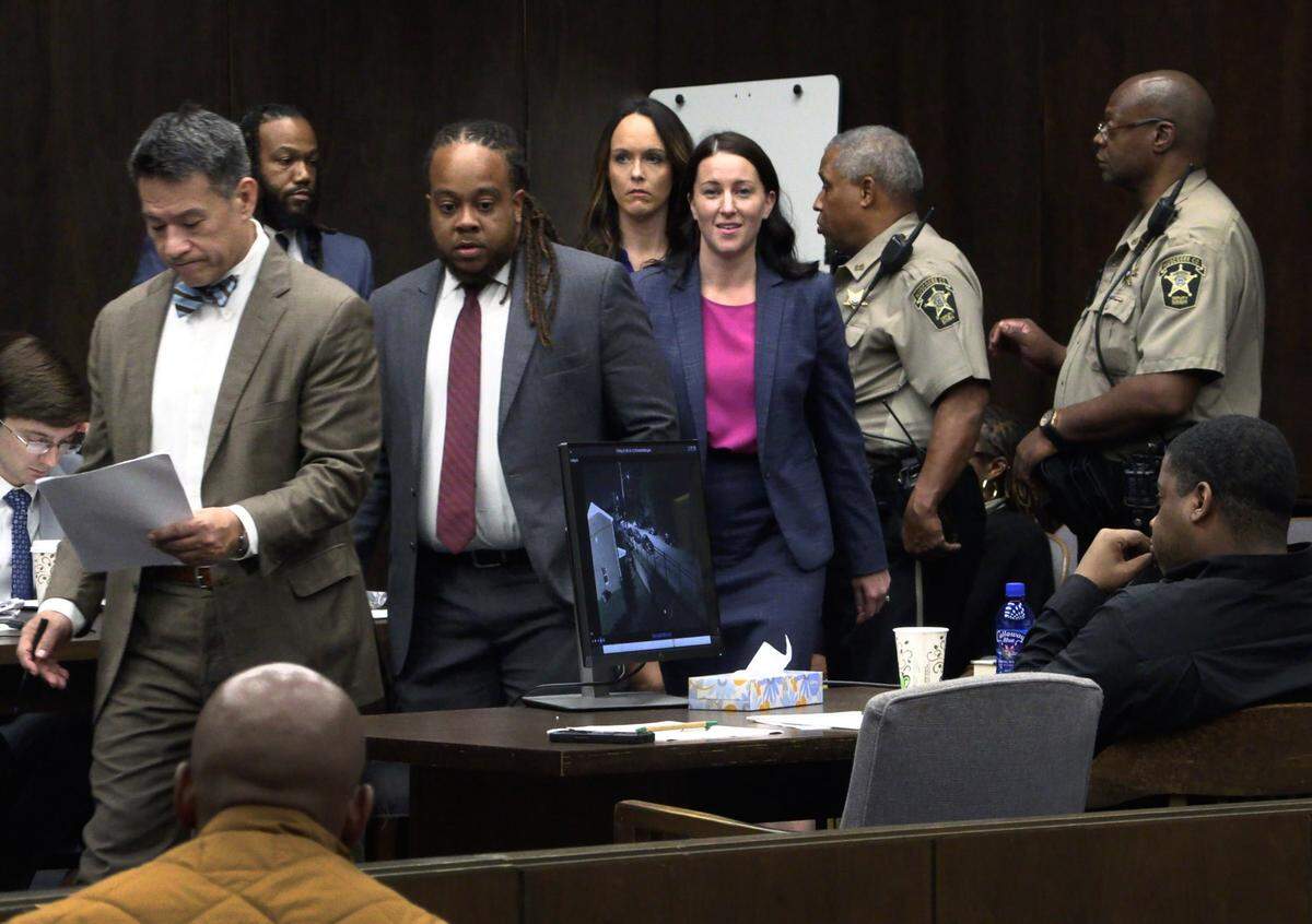 Defense attorneys and prosecutors return to their tables Tuesday afternoon after being show the verdict form by Judge Gil McBride before the verdicts were read in open court. The jury of eight men and four women found Homer Upshaw, 28; his brother Terrance Upshaw, 31; and Rodderick Glanton, 28; guilty on all charges. 11/14/2023