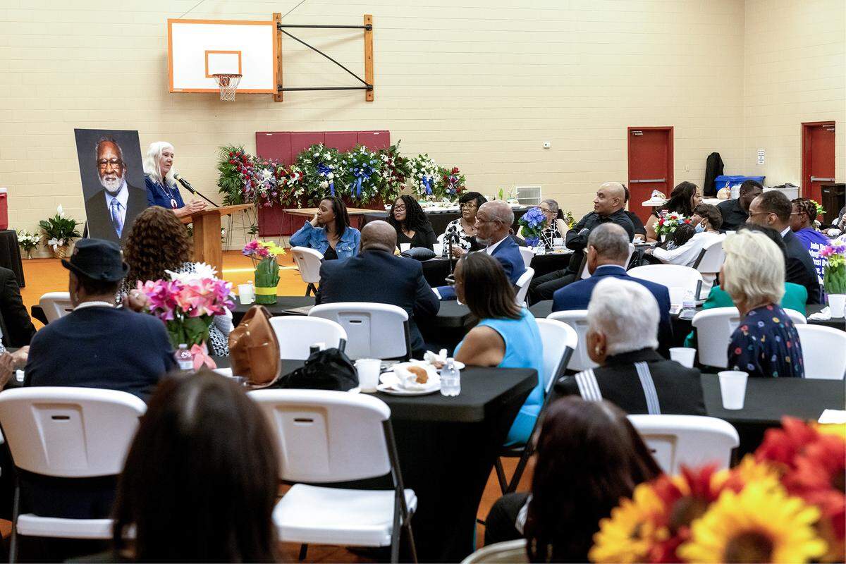 People gather Thursday afternoon to pay tribute to Columbus Councilor Jerry “Pops” Barnes during a memorial service held at Revelation Missionary Baptist Church in Columbus, Georgia. 04/25/2025