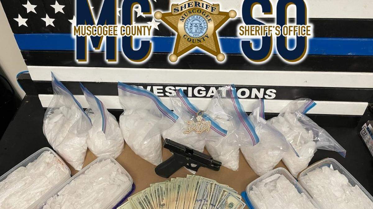 A picture of methamphetamine, cash and a firearm seized by the Muscogee County Sheriff’s Office.