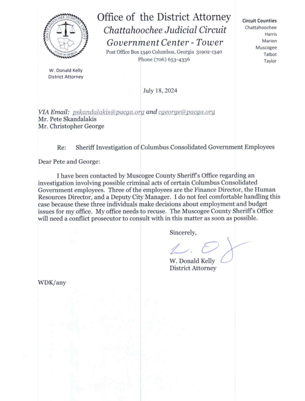 A copy of the letter sent by District Attorney Don Kelly to the Prosecuting Attorneys’ Council of Georgia asking to be recused after being contacted by the Muscogee County Sheriff’s regarding an investigation involving possible criminal acts of certain Columbus Consolidated Government employees.