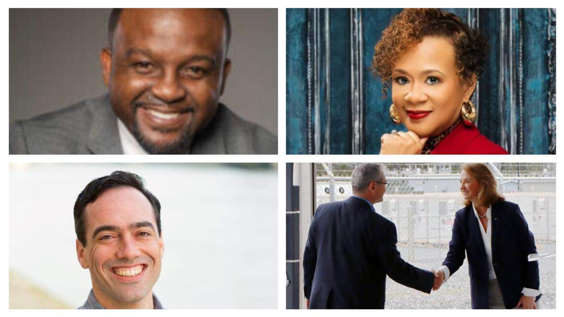 Daniel Blackman (top left), Alicia Johnson (top right), Peter Hubbard (bottom left) and Tim Echols (shown shaking hands with Georgia Power President/CEO Kim Greene) are among the candidates running for Public Service Commission in Georgia.