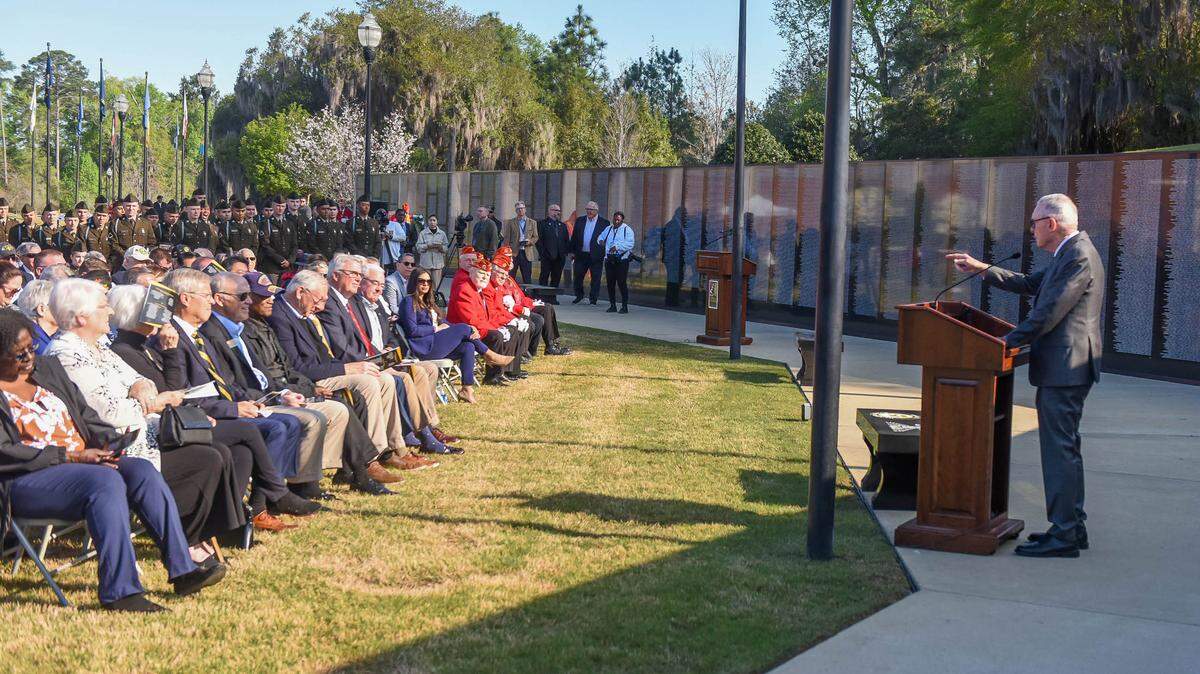 Retired U.S. Army Gen. Barry McCaffrey speaks during the ceremony dedicating the new Dignity Memorial Vietnam Wall at the National Infantry Museum in Columbus, Georgia, March 29, 2024.