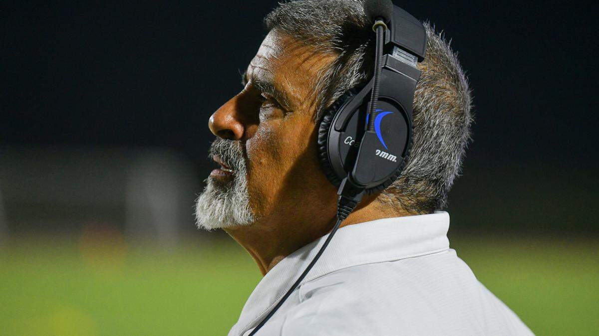 Phil Marino, head football coach at Columbus High School, is shown on the sideline of the Blue Devils’ game Aug. 18, 2023.