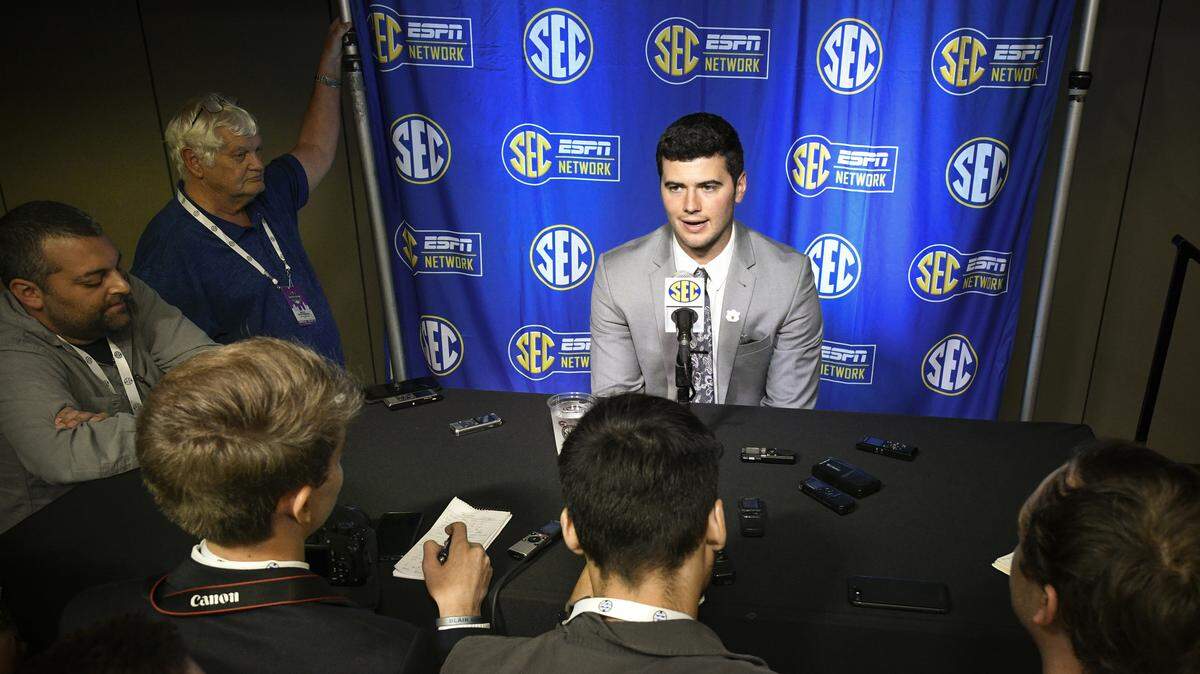 Jarrett Stidham of Auburn speaks during the Southeastern Conference Media Days at the College Football Hall of Fame in Atlanta on Thursday.