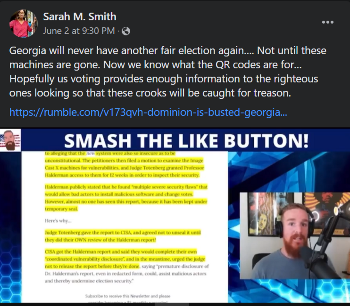 A June 2 social media post from Muscogee County School Board candidate Sarah Smith regarding Dominion voting machines. Smith was defeated in the May primary election.