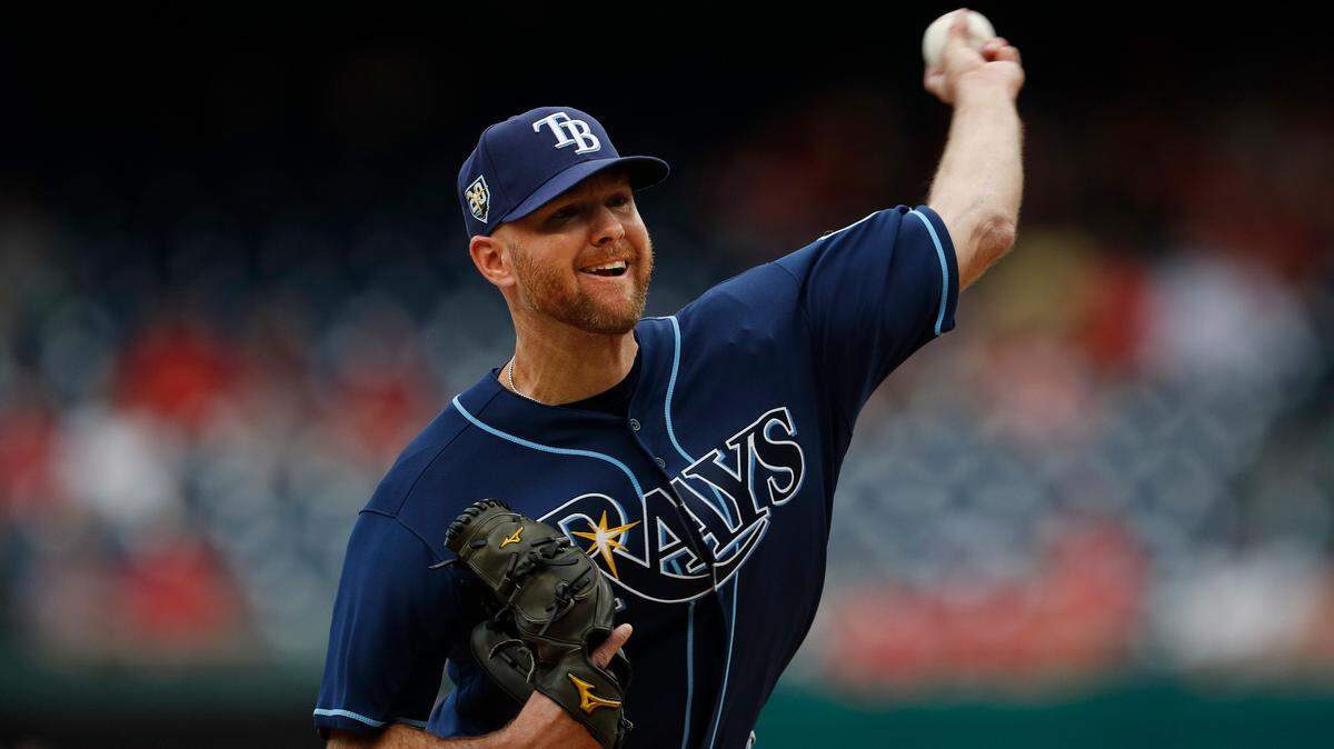 Tampa Bay Rays starting pitcher pitcher Jonny Venters delivers a pitch against the Washington Nationals, during the first inning of a baseball game at Nationals Park, Wednesday, June 6, 2018, in Washington.