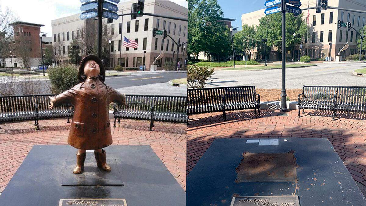 The “May Flower” sculpture at 10th Street and Broadway was stolen between Friday, April 9 and Monday, April 12, 2021 in Columbus, Ga. Call or text the Columbus Police Department with tips at (706) 653-3188.