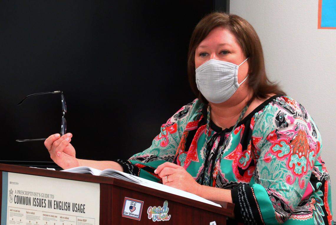 Anne Plott, who teaches English language arts at St. Luke School in Columbus, Georgia, leads a class of eighth grade students through a lesson in the Love Like Lexi curriculum.