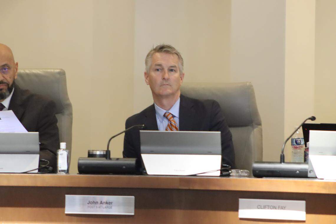 Columbus Councilor John Anker of citywide District 9 listens to a resident speaking about the proposed data center, Project Ruby, during the March 10, 2026, council meeting.