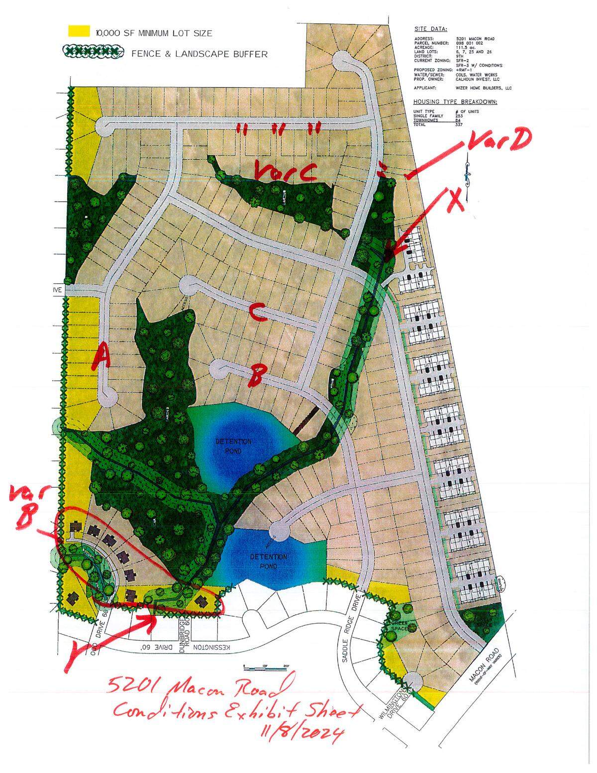This map shows the proposed plan by Wizer Home Builders LLC for the development of property at 5201 Macon Rd. in Columbus, Georgia.