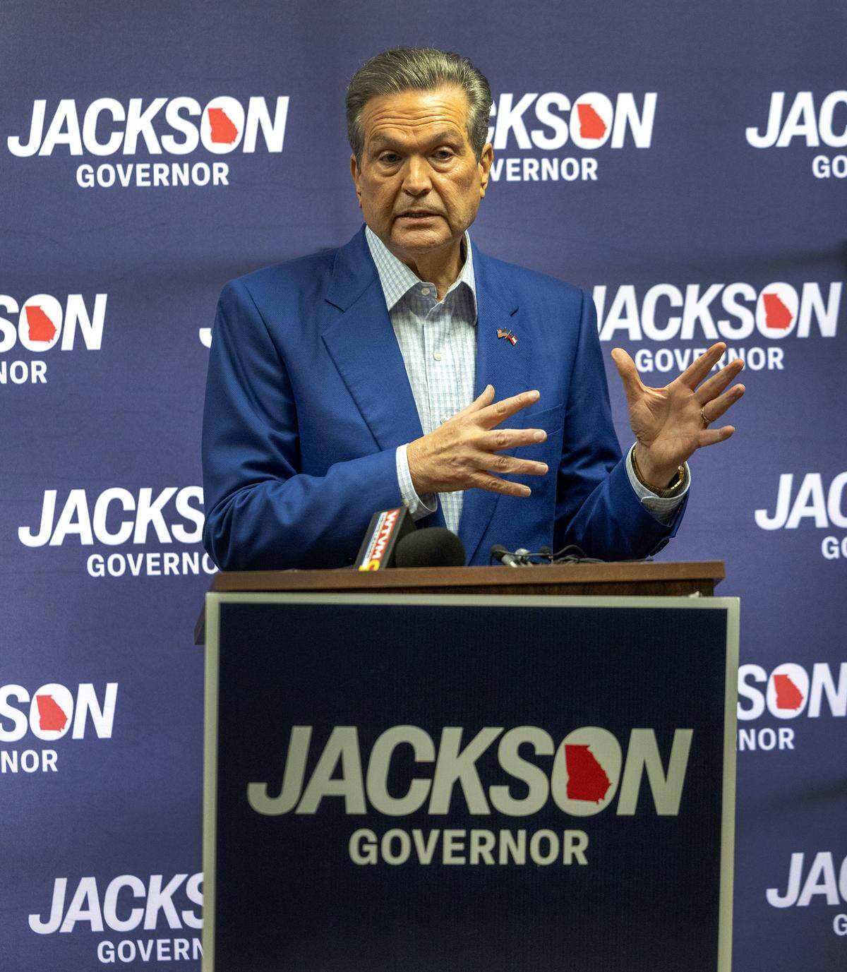 Rick Jackson, a Republican candidate for governor in Georgia, speaks during a campaign stop April 28, 2026, at Flightways at the Columbus Airport in Columbus.