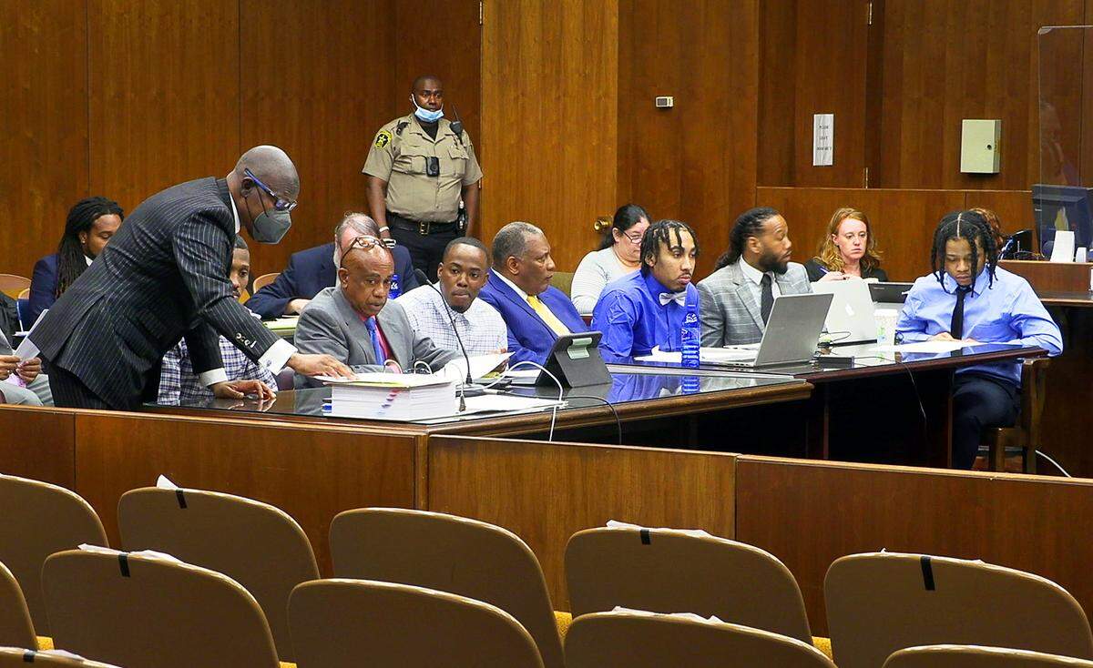 Four co-defendants and their defense attorneys prepare for jury selection to resume Monday in Superior Court in Columbus, Georgia. Jury selection began Monday in the trial of the men charged with murder in the April 6, 2018, death of Branden Denson at the 4236 Buena Vista Road Pizza Hut restaurant in Columbus. 03/21/2022