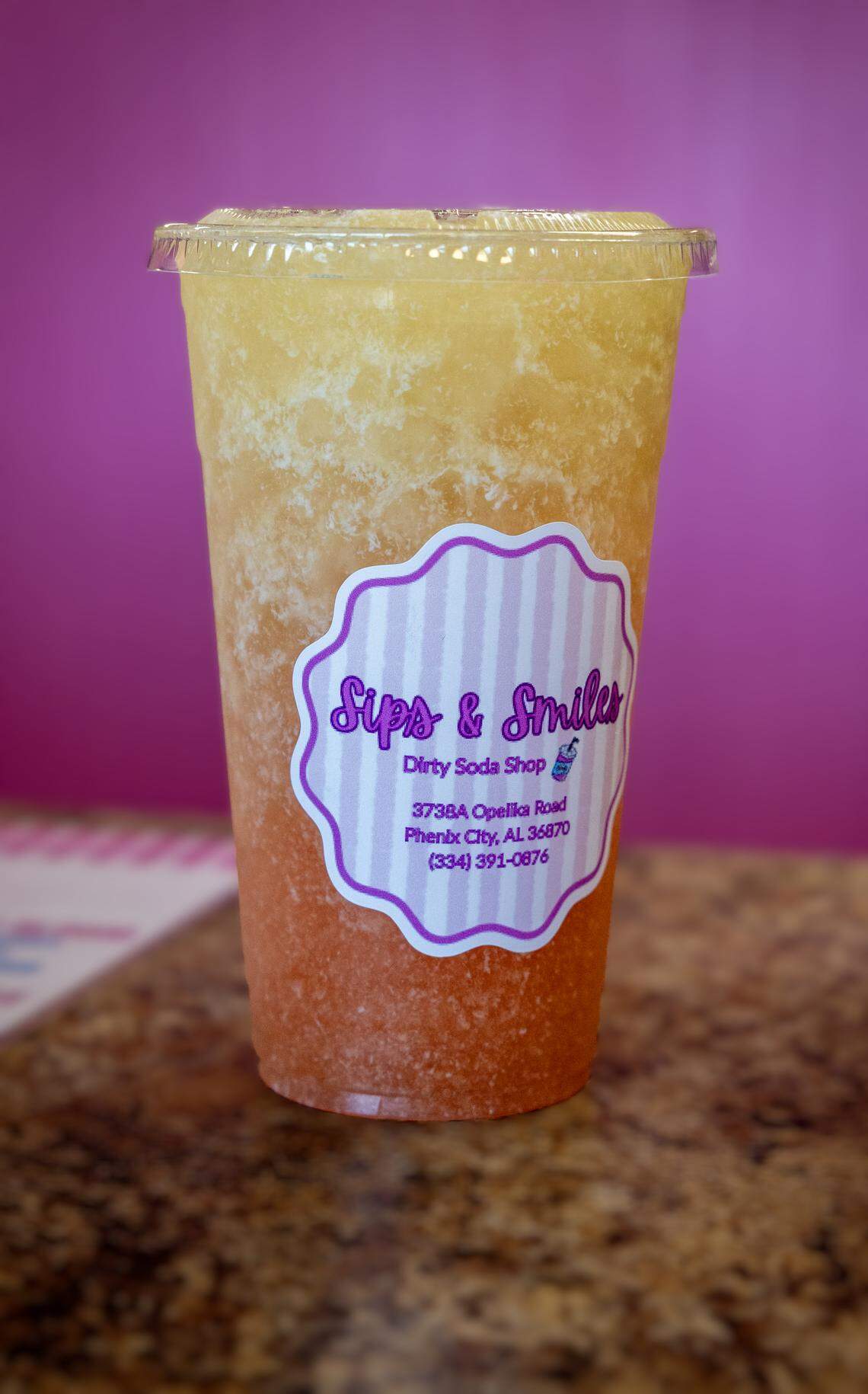 Sips & Smiles, a “dirty soda” shop, has opened at 3738 Opelika Road in Phenix City. Customers have a variety of options to customize their drinks, such as this one, pictured April 13, 2026.