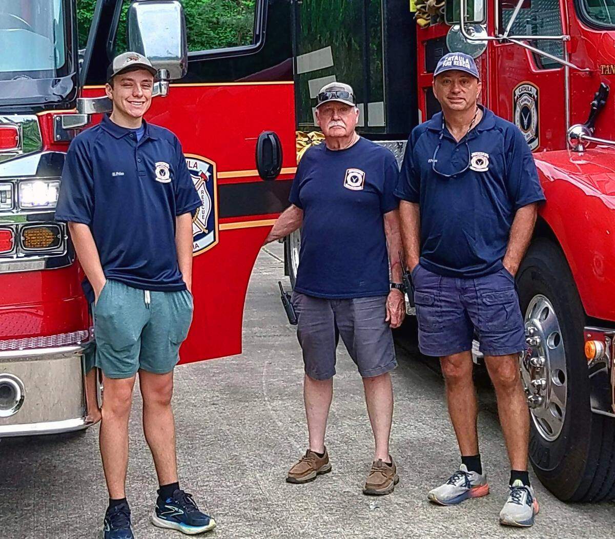 Hunter Price, Tim Ryan and Paul Price, volunteer firefighters with Cataula Fire-Rescue in Harris County, deployed to assist with the wildfire in Brantley County, Georgia.