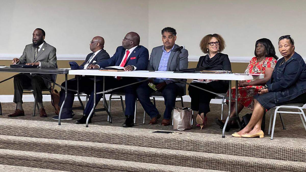 Community organizers (left to right) Marquese Averett, the Rev. Johnny Flakes III, Ed DuBose, Dominick Perkins, Vickie Williams Wiley, Bennie Newroth and Dorothy “Dot” Bass present their election strategy for the Columbus, GA, United coalition during an April 17 meeting in the Page-Doleman Complex at Holsey Chapel CME Church.