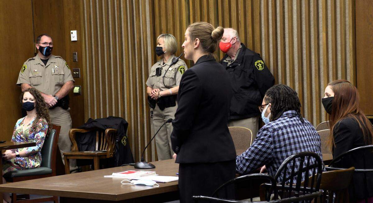 Emily Gilbert, one of Brandon David Conner’s defense attorneys, addresses the court of Conner’s behalf Friday morning.