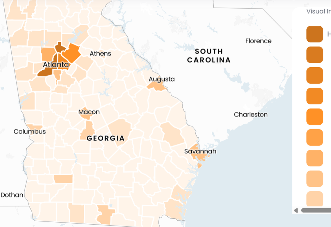 The Greenlink Equity Map highlights where energy burden is above 10% in the state of Georgia. The energy burden is the percent of median yearly income that households pay for electricity and gas bills. Households nationally on average pay about 3% of their income on energy bills. Muscogee County is around 4% and parts of Atlanta are at or near 10%.