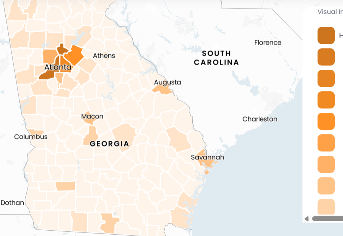 The Greenlink Equity Map highlights where energy burden is above 10% in the state of Georgia. The energy burden is the percent of median yearly income that households pay for electricity and gas bills. Households nationally on average pay about 3% of their income on energy bills. Muscogee County is around 4% and parts of Atlanta are at or near 10%.
