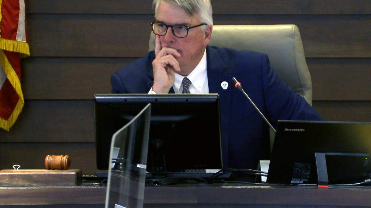 Columbus Mayor Skip Henderson listens during the March 14, 2023, Columbus Council meeting.