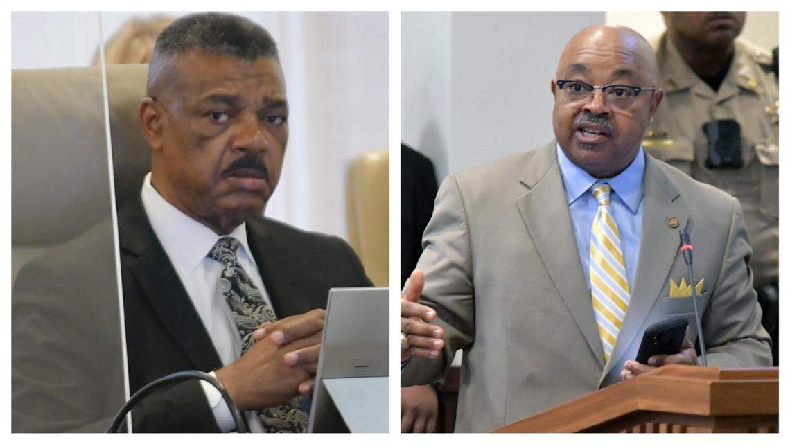 Columbus city manager Isaiah Hugley (left) and Columbus Councilor Byron Hickey (right)