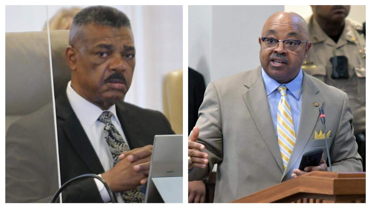 Columbus city manager Isaiah Hugley (left) and Columbus Councilor Byron Hickey (right)