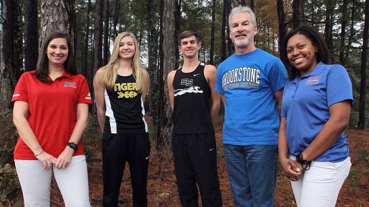 All Bi-City Cross Country 2018, from left: Teresa Dean, Northside High, Boys Co-Coach of the Year; Devin Helms, Harris County, Girls Runner of the Year; Silas Franklin, Smiths Station, Boys Runner of the Year; Mark Erb, Brookstone School, Boys Co-Coach of the Year; and Danielle McCoy, Columbus High, Girls Coach of the Year