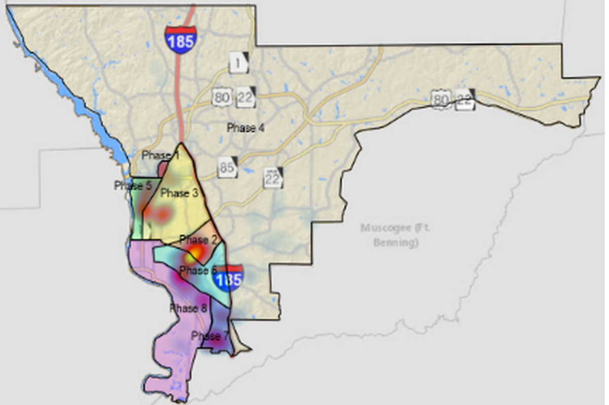 The heat map created by the Land Bank Authority Real Estate Specialist shows the different phases the department plans to release available land banks. Note there is a central concentration in each phase.