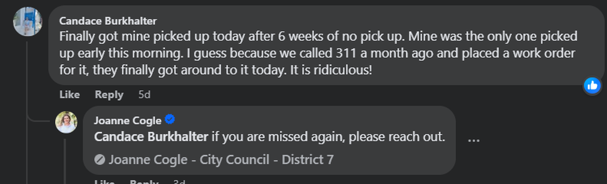 Candace Burkhalter left one of dozens of comments on post complaining about waste pick up on the Columbus, GA Concerned Citizens Forum Facebook page. Councilwoman Joanne Cogle responded directly to her.