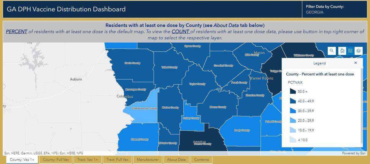 Screenshot of the County: Vax 1+ tab on the Georgia Department of Health’s COVID-19 Dashboard. The data is current as of Oct. 5.