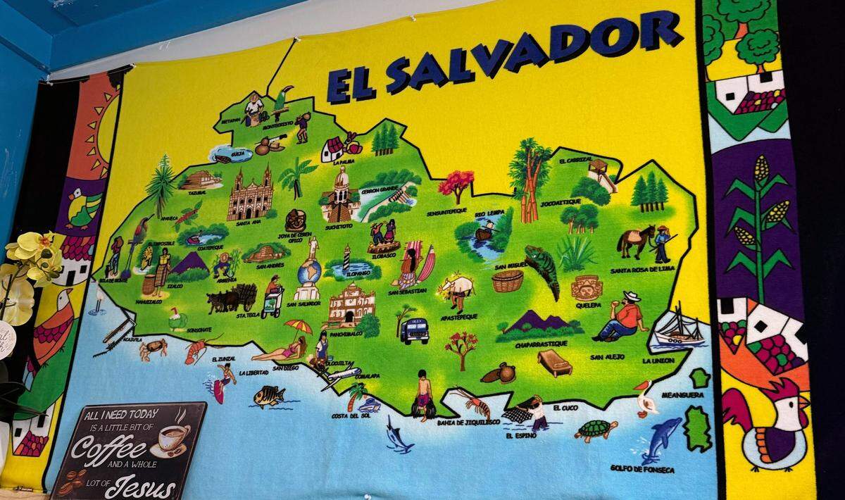 This map of El Salvador adorns a wall inside Pupuseria Mi Redentor, 4125 Hamilton Road in Columbus, pictured Sept. 10, 2025.