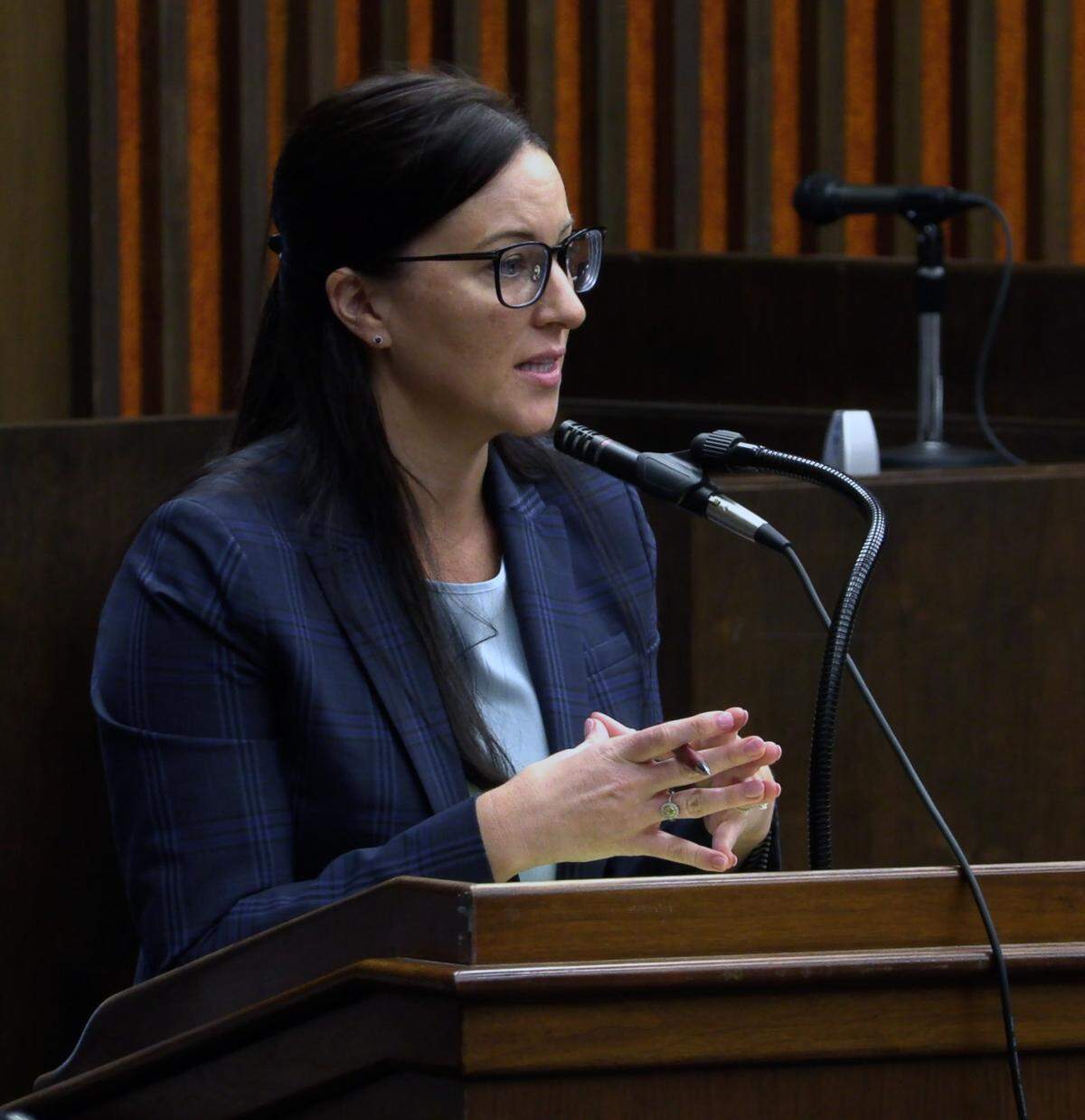 Prosecutor Cara Convery questions a potential juror Tuesday morning. 10/31/2023