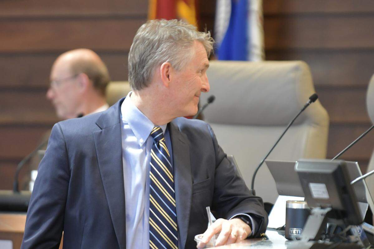 Columbus Councilor John Anker, the citywide District 9 representative, speaks with fellow councilors before their March 25, 2025, meeting. It was Anker’s first meeting since the the council appointed him March 11 in a 6-3 vote during the same meeting in which Judy Thomas resigned from the seat due to medical reasons.