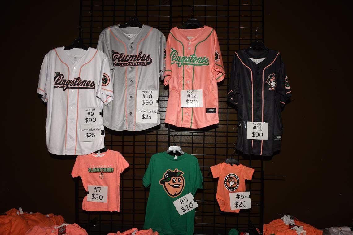 Columbus Clingstones merchandise was on sale during the Uptown Columbus concert Sept. 6, 2024, in the Columbus Convention & Trade Center, where the new name of the Atlanta Braves Double-A minor league baseball team moving from to the Chattahoochee Valley from Mississippi was announced.