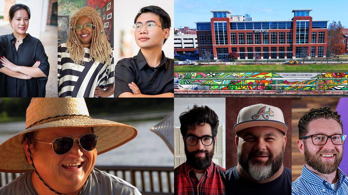 Six local artists developed the mural’s concept. Chris Johnson, lower left, a muralist and retired Andrew College professor of art, is leading the design team in painting the mural.