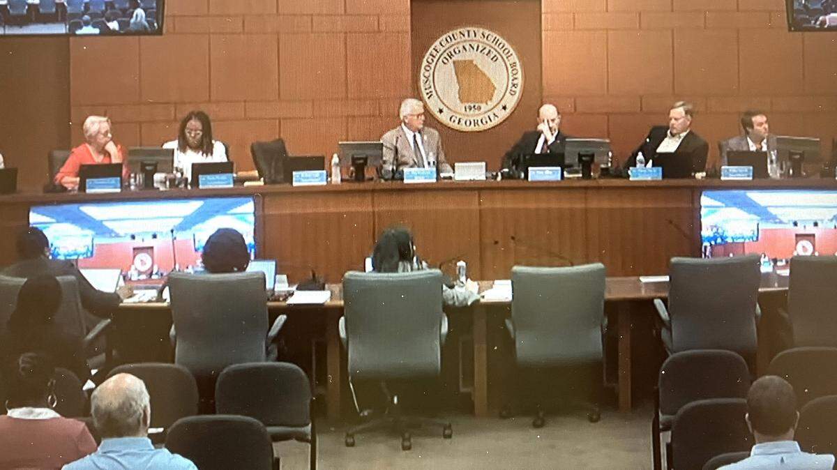 This screen grab from the livestream shows the Columbus Council conducting its June 18, 2024, meeting in the Muscogee County School District’s boardroom because the council’s chamber was being used by election officials for the runoff that day.