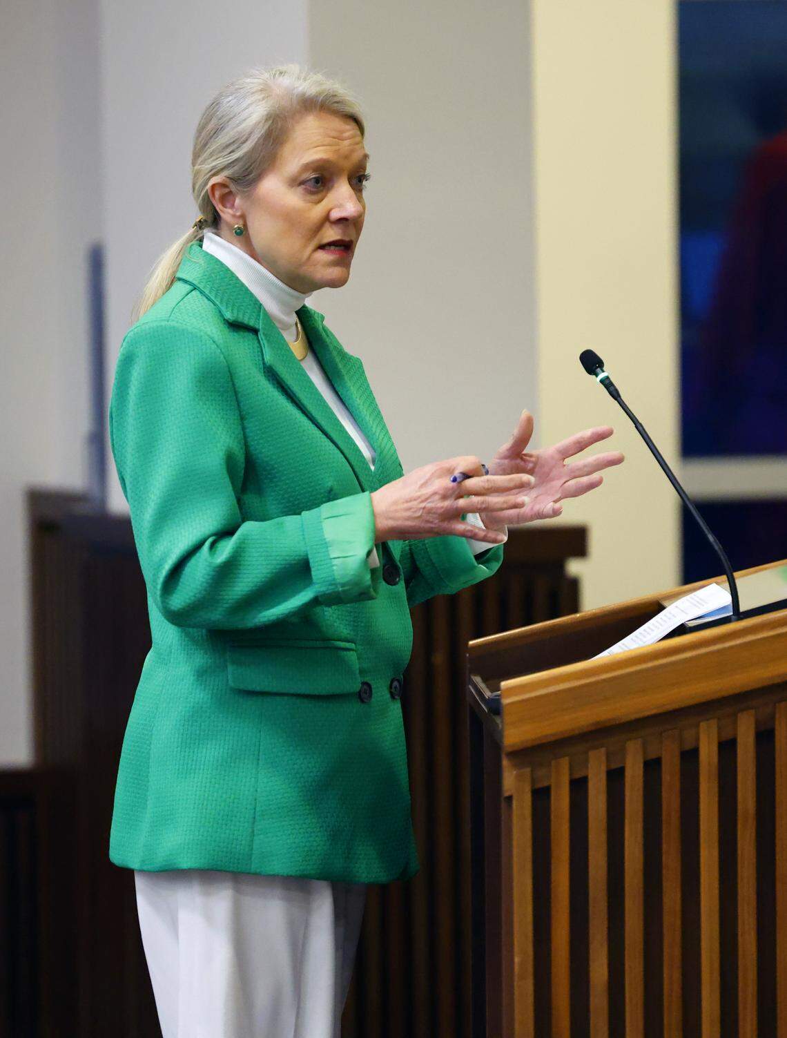 Missy Kendrick, president and CEO of Choose Columbus, speaks about the proposed data center, Project Ruby, during a Columbus Council meeting Feb. 24, 2026.